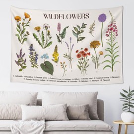Wildflowers Vertical Tapestry Wall Hanging, Illustrative Reference Chart Tapestry With Word, Beige White Vintage Tarot Flag Straight Tapestry Aesthetic Flower Plant Tapestrys For Living Room Dorm 80x60 Inch