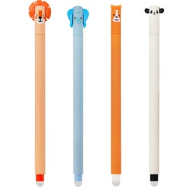Set of 4 Gel Eraser Pens, Kawaii Assorted Animal Motifs, Ball End for Ink Removal, Multi-Colour Temperature Sensitive, Tip Diameter C
