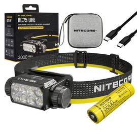 Nitecore HC75 UHE HEADLAMP HC75 UHE Rechargeable E-Focus Spotlight Floodlight Headlamp 192m Beam -3000 Lumens (Upgrade of HC68) w/Battery and Eco Sensa USB-C Charging Cable