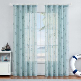 jinchan Blue Sheer Curtains 84 Inches Long Nautical Coastal Starfish Seashell Pattern Curtains for Bedroom Beach House Window Treatment for Living Room Rod Pocket Summer Drapes 2 Panels Set