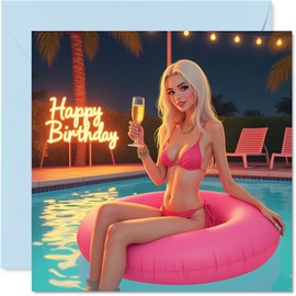 Hot Birthday Cards for Women Men - Blonde Hair Pool Party - Happy Birthday Card for Friend Colleague Sister Brother Auntie Uncle Son Daughter, 145mm Bday Greeting Cards