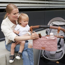 Beautiful Stroller Caddy Organizer With 2 Cup Holders – Luxury Stroller Bag, Universal Fit, Leather Straps & Zipper Pocket – Spacious Accessories Perfectly Fits Doona, Nuna & Uppababy Strollers