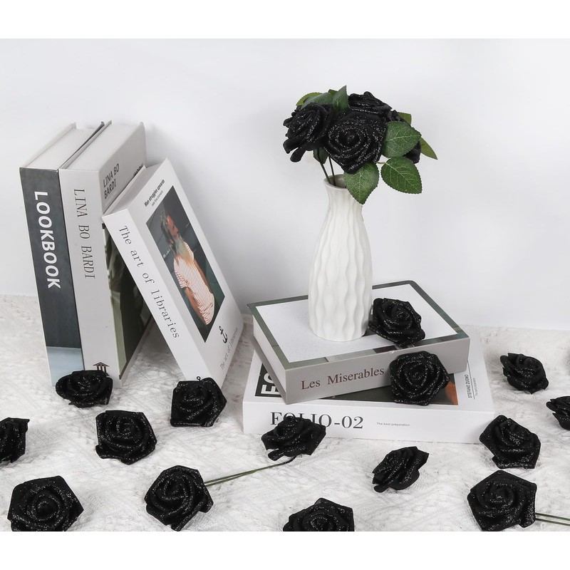 Uznaeoi Black Glitter Roses,50PCS Fake Roses 2.76" Foam Flowers Artificial