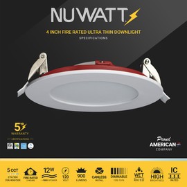 NUWATT 4 Inch 2 Hour FIRE Rated Ultra-Thin LED Recessed Light, 2700K/3000K/3500K/4000K/5000K Selectable, 900 Lumens, Dimmable, IC Rated, Wet Rated Canless LED Downlight, No Fire Cone Needed, 6 Pack