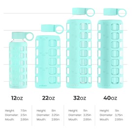 Purifyou Borosilicate Glass Water Bottles 40/32/22/12 oz Glow-in-the-Dark | with Volume Markers, Silicone Sleeve, Stainless Steel Lid, Reusable Bottle, for Water, Juice, Gym, Fridge Storage