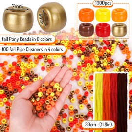 Whaline 1000Pcs Fall Pony Beads with 100Pcs Chenille Stems Pipe Cleaners 6 Colors Autumn Craft Beads Plastic Beads for DIY Craft Necklace Bracelet Jewelry Making Supplies