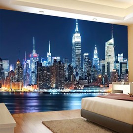 FENDROM New York Skyline Tapestry City Window View River Night Lights Buildings Modern Business Center Art Wall Hanging For Living Room Dorm