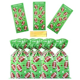 Football Treat Bags, 100 Pack Football Cellophane Treat Bags, 5.04x10.63 Inch Treat Candy Bags with 100 Pcs Twist Ties for Cookie Goodies Gift Present Wrap Game day Party Favor Supplies, 5 Styles