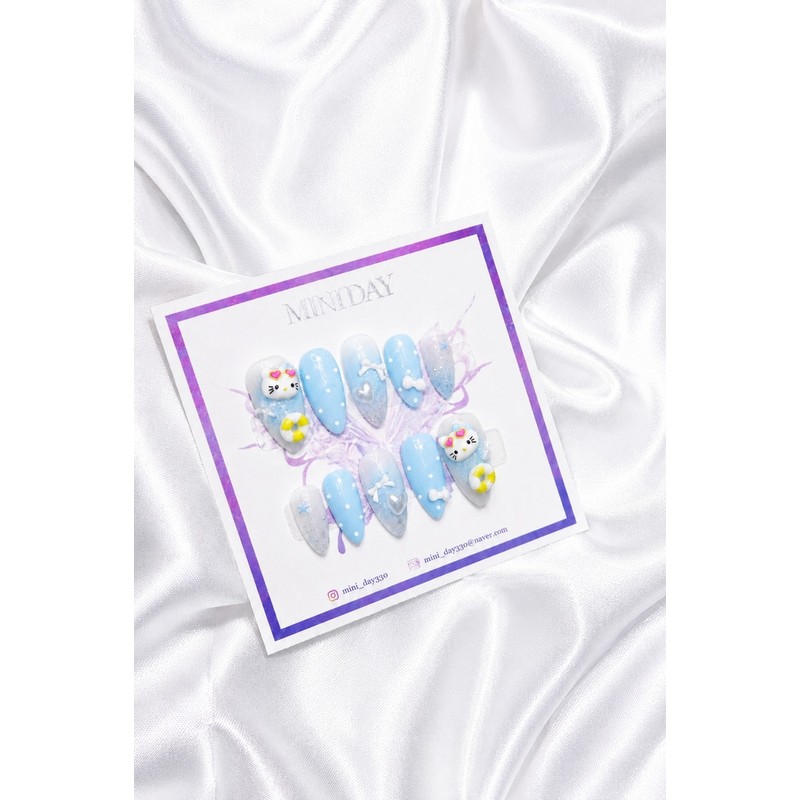 Summer Holiday Kitty Handmade Nail Tips - Long Ballerina /