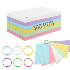 FlashCard 300 Pcs Ruled Index Cards, Cue Cards with Lined, Revision Supplies, 3 x 5 Inch Coloured NoteCards with 6 Binder Rings for Studying, Office and Home