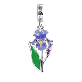 GNOCE Flower Pendant Charm 925 Sterling Silver Dangle Charm Inlaid with Crystal Oval Cut Zircon Colorful Gemstones Multicolor Enamel Fit Bracelet/Necklace for Women Girls Wife Daughter (Purple Iris)