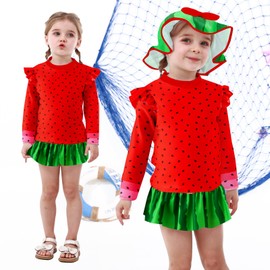 Cutemile Toddler Girls Rash Guard Set Swimsuit UPF 50+ Watermelon 2 Piece Bathing Suit with Hat Baby Red Ruffle Swimwear for Pool Party Size 2-3 Years