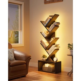 Evermagin 6 Tier Tree Bookshelf with Lights, LED Book Tree Bookcase with Storage Organizer, Small Corner Bookshelf Floor Standing Book Shelf for Living Room, Bedroom & Home Office, Black