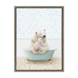 Kate and Laurel Sylvie Mother and Baby Polar Bear in Little Fish Bath Framed Canvas Wall Art by Amy Peterson Art Studio, 18x24 Gray, Cute Animal Bathtub Art for Wall
