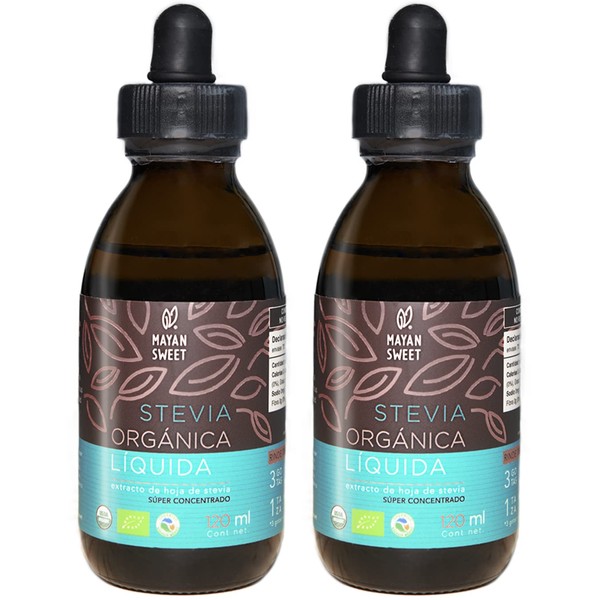 Stevia Orgánica Líquida, 120 ml, Duopack, Rinde 1400 tazas, Mayan Sweet