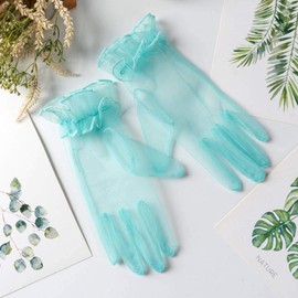 Yunyuebridal Guantes de tul de verano para mujer, con volantes plisados, longitud de la muñeca, guantes de fiesta de ópera, Turquesa, Talla única