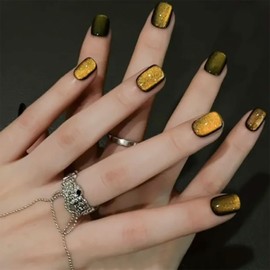 24 Pcs Short Press on Nails Square Yellow Fake Nails Cat Eye Gel Nail Polish with Solid Color Designs Fall False Nails Glossy Acrylic Nails Full Cover Autumn Stick on Nails Extra Short Nails for Women