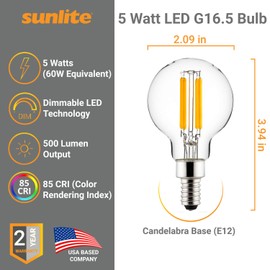 Sunlite 41548-SU LED G16.5 G16 1/2 Filament Style Globe Light Bulb, 5 Watts (60W Equivalent), 500 lumens, Dimmable, Candelabra Base (E12), UL Listed, 5000K Super White, 6 Count
