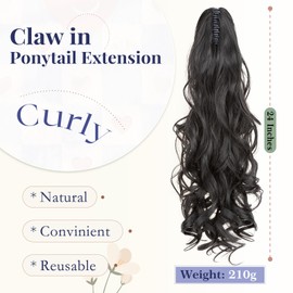 TESS 24'' Curly Ponytail Extensions, 210g Claw in Long Ponytail, Hair Pieces for Women, Black