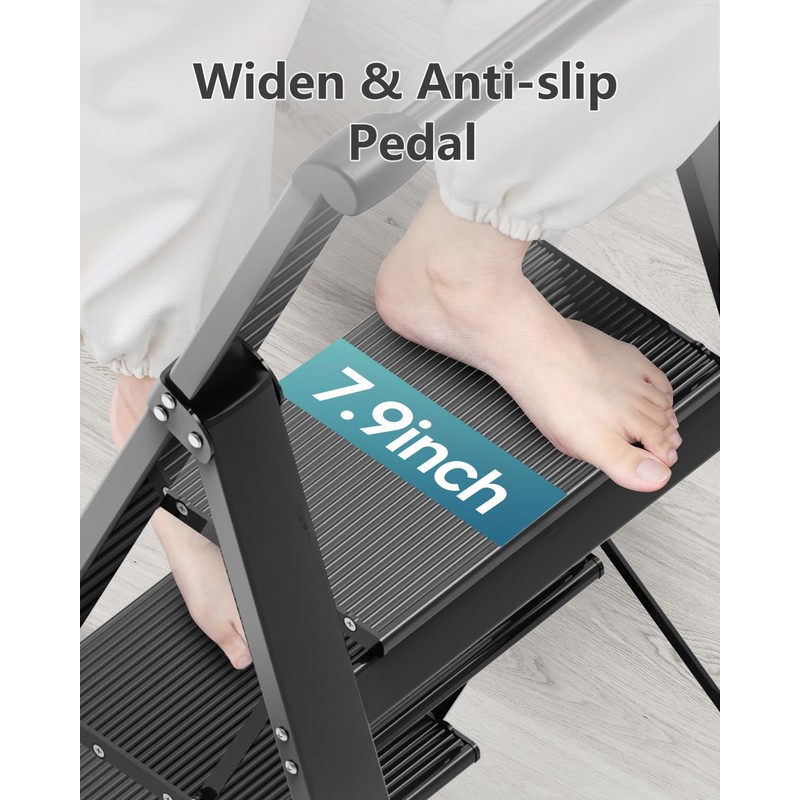 SOLADDER 3 Step Ladder, Slim Folding Steps Stool with Handrail,