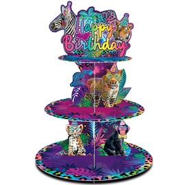 KARAQY Rainbow Neon Leopard Cupcake Stand,Cheetah Birthday Party Decorations 3 Tiers Cupcake Holder for Neon Animals Theme Party Supplies Baby Shower