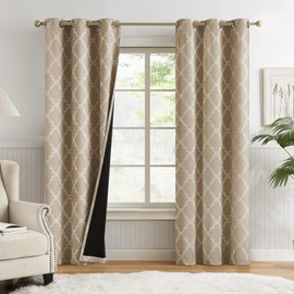 Melodieux Moroccan Print Full Blackout Curtains 84 Inches Long for Bedroom Living Room, Thermal Insulated Noise Reducing Privacy Grommet Window Drapes Lined, 42" W x 84" L, 2 Panels, Tan Beige