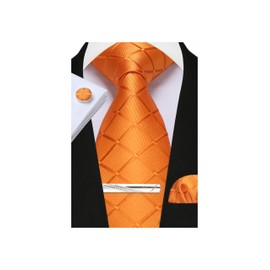 CWKOON Orange Plaid Mens Tie Formal Necktie Pocket Squares Ties Clips Cufflinks Classic for Men Set