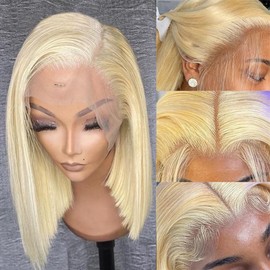 Munx 13x6 Deep Part Blonde Bob Lace Wigs for Black Women HD Transparent 613 Colored Human Hair Lace Front Wigs Thick 180% Density Glueless Bob Human Hair Wigs Pre Plucked Frontal Wig Human Hair 10”