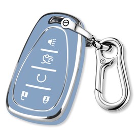 QBUC for Chevy Key Fob Cover With Keychain Chrome Silver Trim Soft TPU Protection Case Compatible with 2016-2025 Chevy Equinox Malibu Camaro Blazer Traverse Trailblazer 5 Button（Blue）
