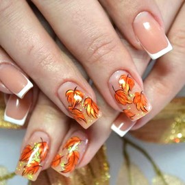 Vopintpy White French Tip Fall Press on Nails Medium Square Maple Leaf Fake Nails Glossy Thanksgiving Acrylic Glue on Nail Autumn Maple Leaves Artificial Stick on Nail for Women DIY Manicure