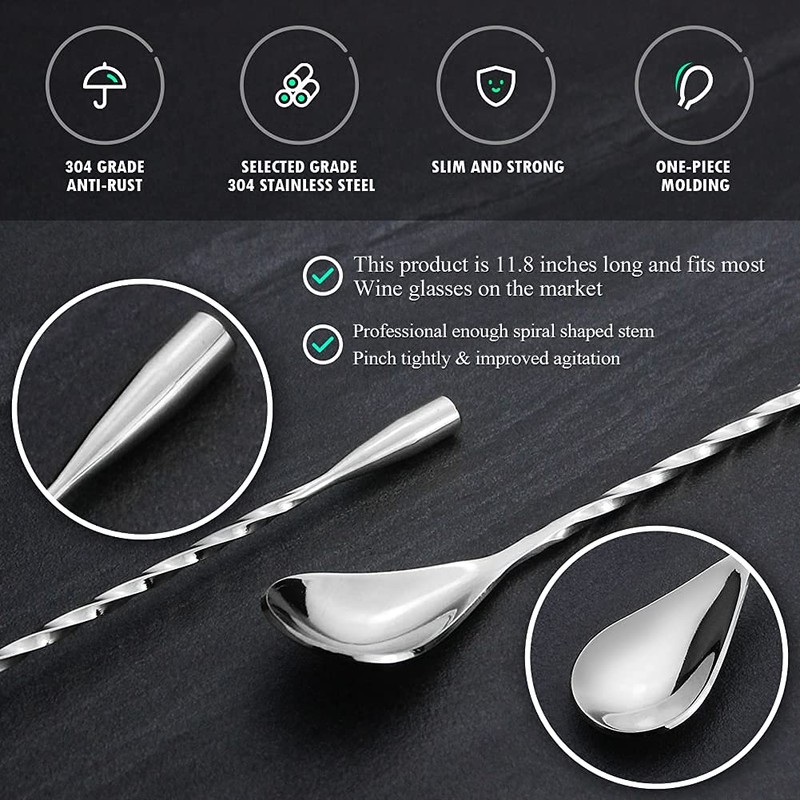 Cocktail Spoon Silver, 11.8 inches Stirrer, Long Mixing Spoon, Stainless