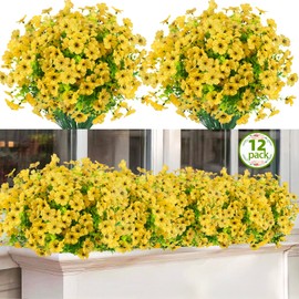 ATTGREAT 12 Bundles Yellow Artificial Flowers Outdoor UV Resistant Fake Patio Flowers Plants Faux Greenery Plnats Outside Plastic Flower Bulk for Spring Garden Hanging Planter Home Vase Decor, Yellow