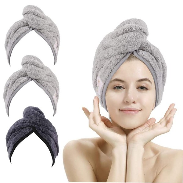 M-bestl Absorbent Microfibre Hair Towel Turban with Button Design to Absorb in Water Instantly,Avoid the Wet Hair Falling off (3 Pack-Dark Gray& &Light Gray&Light Gray)