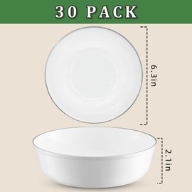 Cheery Land 30 Pcs White Plastic Mixing Bowls With Silver Rim for Kitchen, Ice Cream Cups Plastic Serving Bowls 12 oz, Thanksgiving Premium Heavy Duty Kids Dessert Bowls Disposable for Party