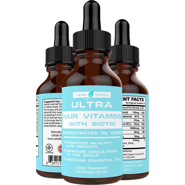 Liquid Biotin with Hair Vitamins, Vitamin C, Organic Coconut Oil, Vitamin E + Vitamin B6. For Hair Skin + Nails and Immunity Support. A Biotin Liquid + Hair Oil Supplement