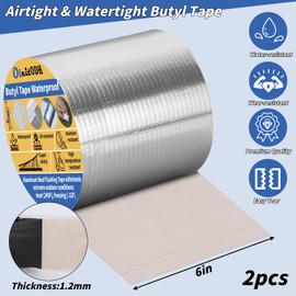 Oleitodh Butyl Tape Waterproof Tape, 1.2mm Thick, 2 Rolls x 6 inch x 30 feet, Aluminum Foil Tape Butyl Sealant Tape for RV Repair, Window, Boat and Pipe Sealing, Glass & EDPM Rubber Roof Patching