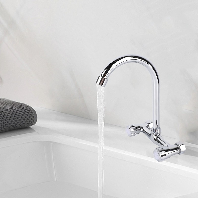 Wall Mount Kitchen Stainless Steel Smooth Surface 2 Handles Faucet