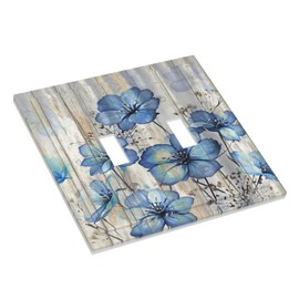 Xuejiaku Decorative Switch Plate Covers Boho Blue Watercolor Flower Vintage Wood Board 2 Gang Wall Plate Double Toggle Light Switch Cover Plate Electric Dual Device Electrical Faceplate