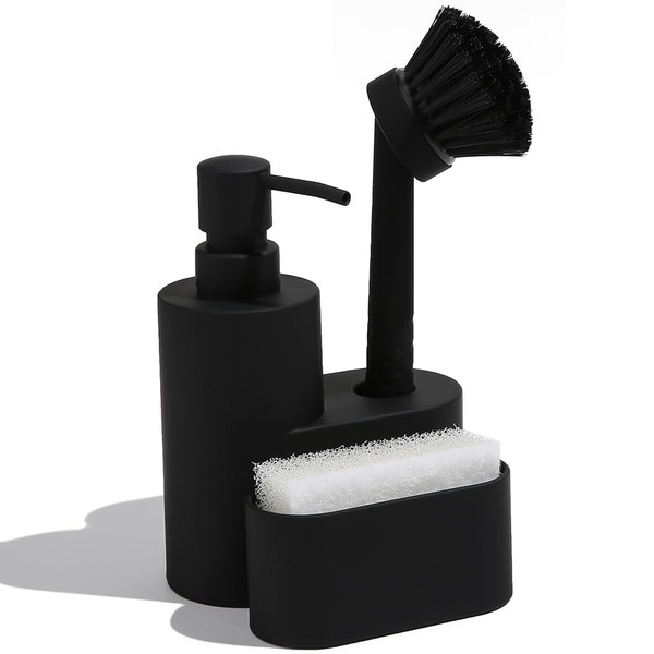 Moderno dispensador de jabón para platos con soporte de esponja y cepillo para polvo, juego 3 en 1 para fregadero de cocina, organizador de encimera, negro mate