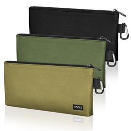 3 Pack Premium Tool Pouches Zipper Bag, 12 in Small Tools Bags with Carabiner, Heavy Duty Flat Bottom Utility Multipurpose Storage Organizer Bag for Tool, Stationary, Pencil (Tan, Navy Green, Black)