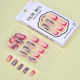 Medium Press on Nails French Tip Fake Nails with Flower Designs Square Glue on Nails Silver Glitter Rose Red Translucent Acrylic Nails Summer Stick on Nails for Women 24 Pcs