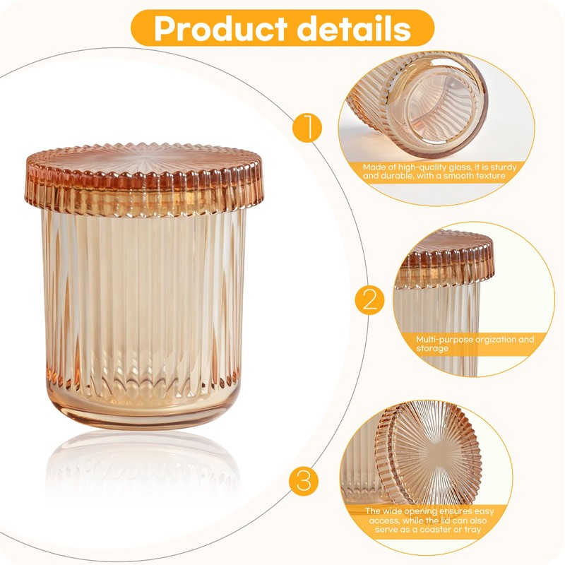 PENCK 2 Pack Ribbed Glass Qtip Holder with Lid, Amber