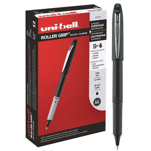 Uniball Roller Grip 12 Pack in Black, 0.7mm Medium Rollerball Pens, Try Gel Pens, Colored Pens, Office Supplies, Colorful Pens, Blue Pens Ballpoint, Pens Fine Point Smooth Writing Pens
