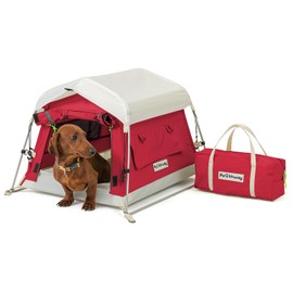 Pawthway Dog Tent Cotton Fabric, Aluminum Poles and Camping Mat, Outdoor Weatherproof, Dog House Outdoor, Breathable with 2 Side Windows, Portable and Collapsible (Red, Small)