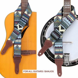 Nefelibata Banjo Strap 2" Wide Full Grain Leather Jacquard Embroidered Adjustable Replacement Guitar Strap, bohemian quadrilateral