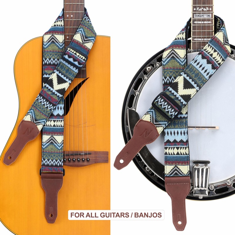 Nefelibata Banjo Strap 2" Wide Full Grain Leather Jacquard Embroidered