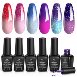 beetles Gel Polish Beetles Color Changing Gel Nail Polish Kit, 6 Colors Pink Red Glitter Blue Purple Temperature Change Gel Polish Soak Off Uv Led Nails Gel