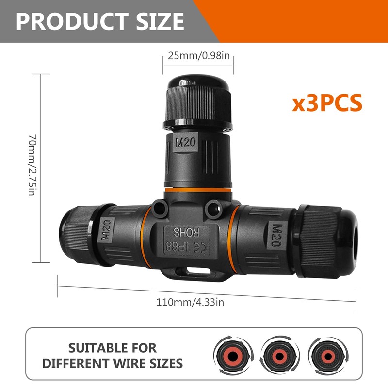 Cable Connector Waterproof IP68, Pack of 3 Cable Connectors, 3