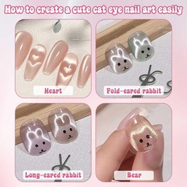 5 in 1 Nail Art Cat Eye Glue Magnet come with 1pcs Heart Magnet for Cat Eye Gel Polish,2pcs Rabbit Magnet for Cat Eye Gel Polish,DIY Cat Eye Nail Art Kit for Home & Professional Use