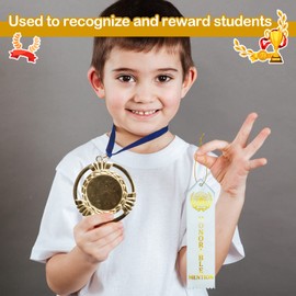 100 Pcs Honorable Mention Award Ribbons Flat Carded Ribbons Fun Light Blue Ribbons with Event Card and Gold String for Honorable Mention School Team Kids Competition Office Sport Event Prize Ornaments